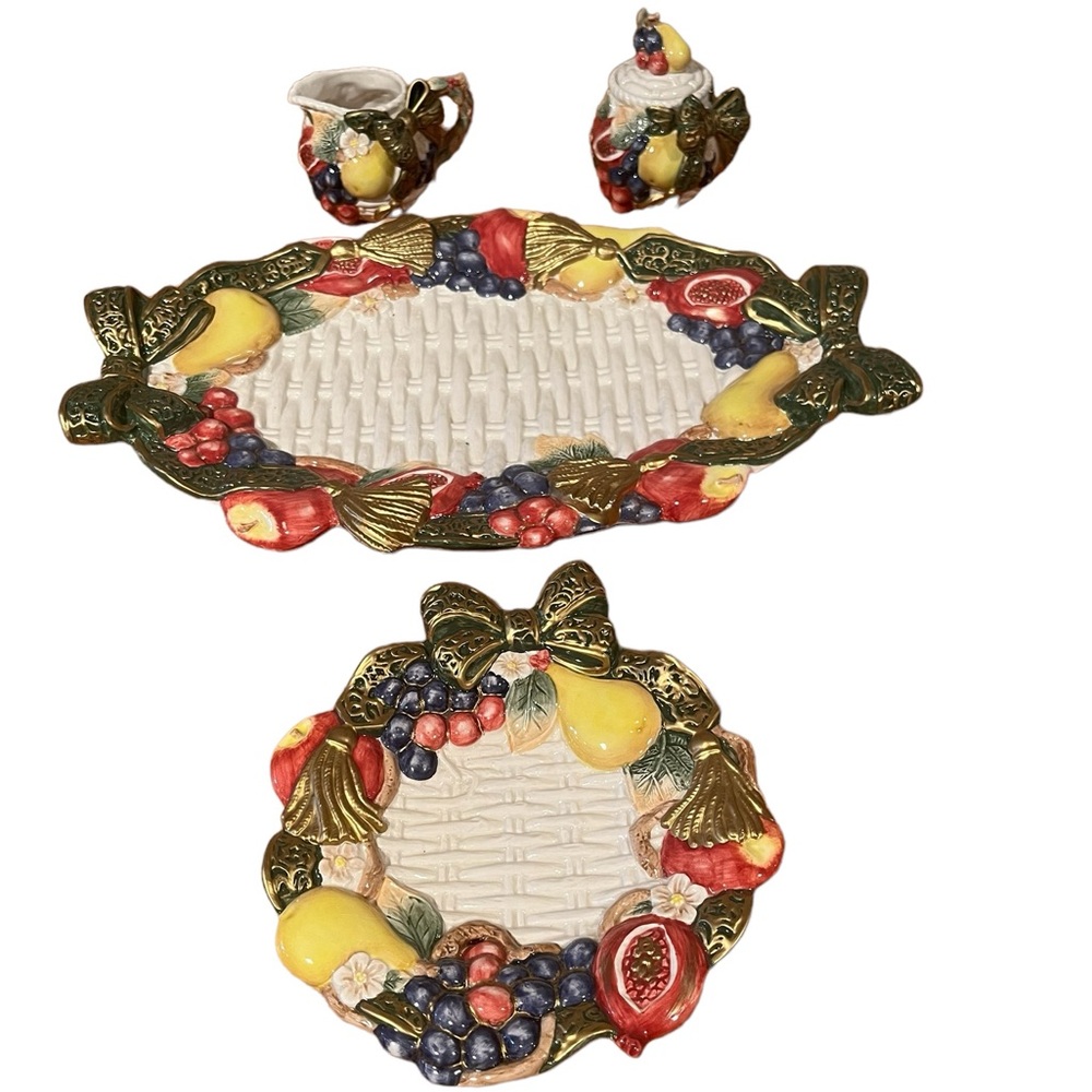 Omnibus by Fitz and Floyd plate, platter, cream and sugar